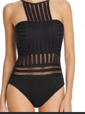 Kenneth Cole Black Crochet High-Neck One-Piece Swimsuit